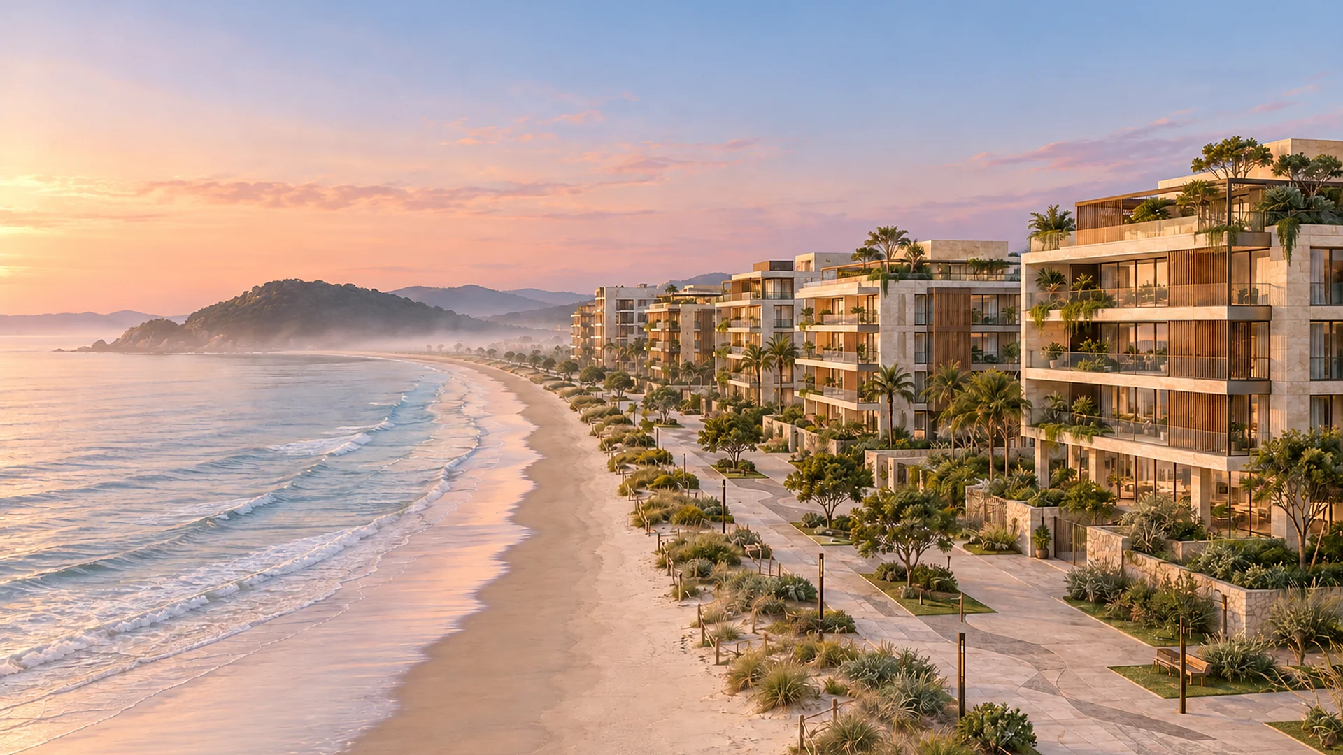 Imagem ilustrativa: edifícios residenciais baixos na orla de Itapema ao amanhecer, com passagens públicas até a praia