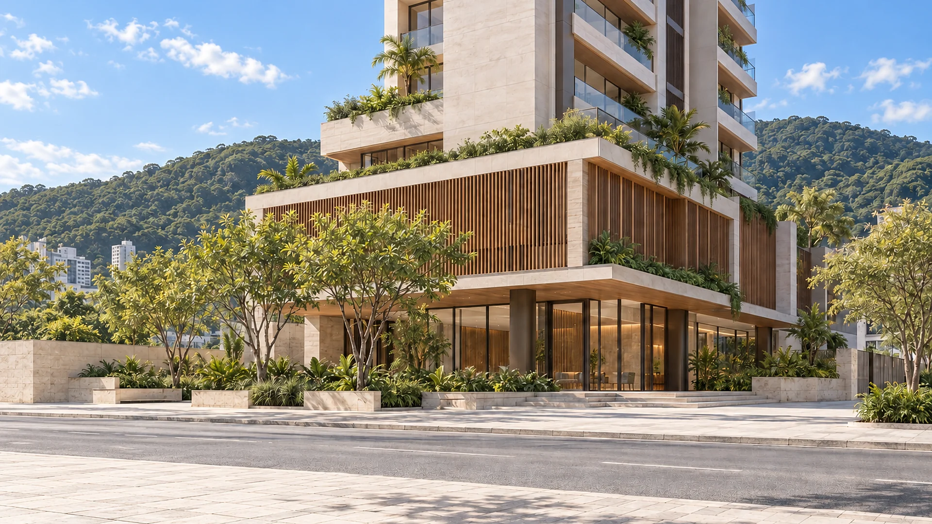 Imagem ilustrativa: base de uma torre residencial com recuo ajardinado, vista da calçada pela manhã