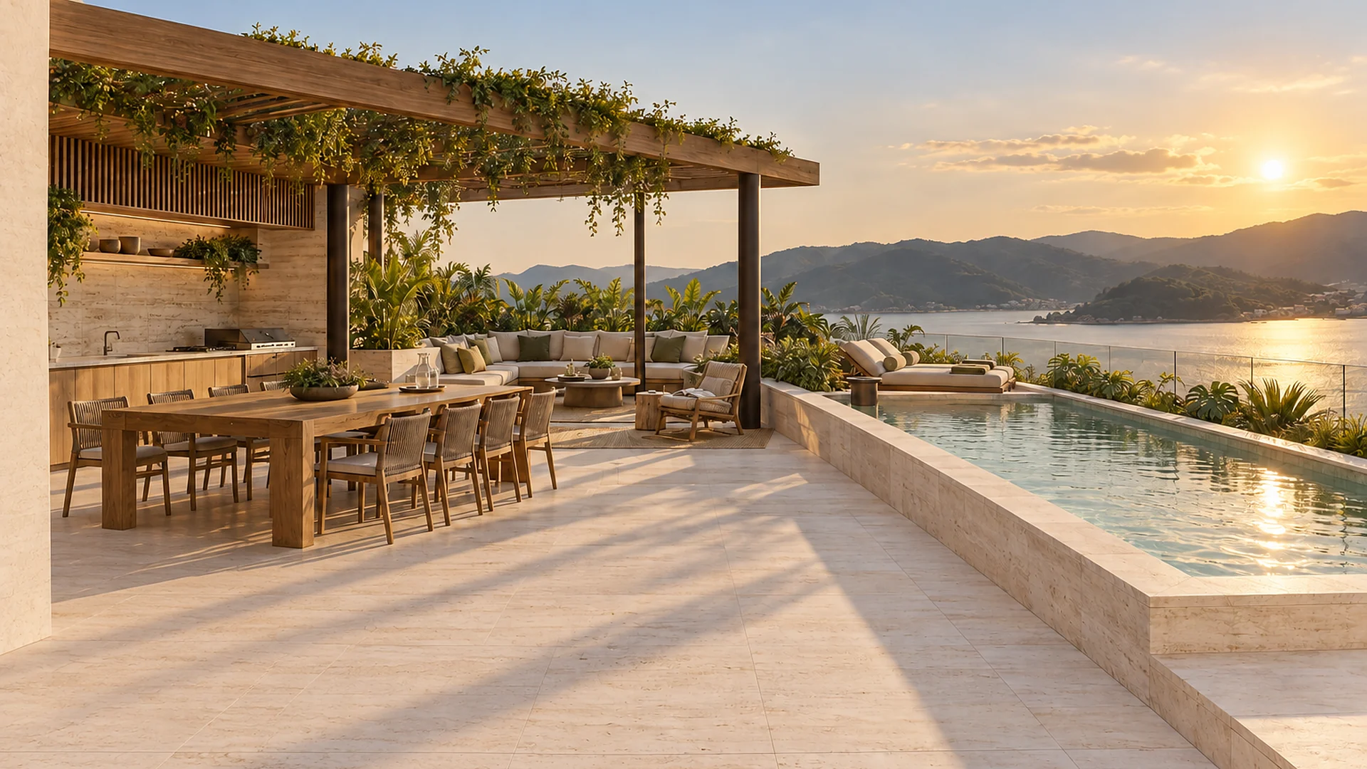 Imagem ilustrativa: rooftop residencial com piscina, pérgola e mesa comum, de frente para a baía, no fim de tarde