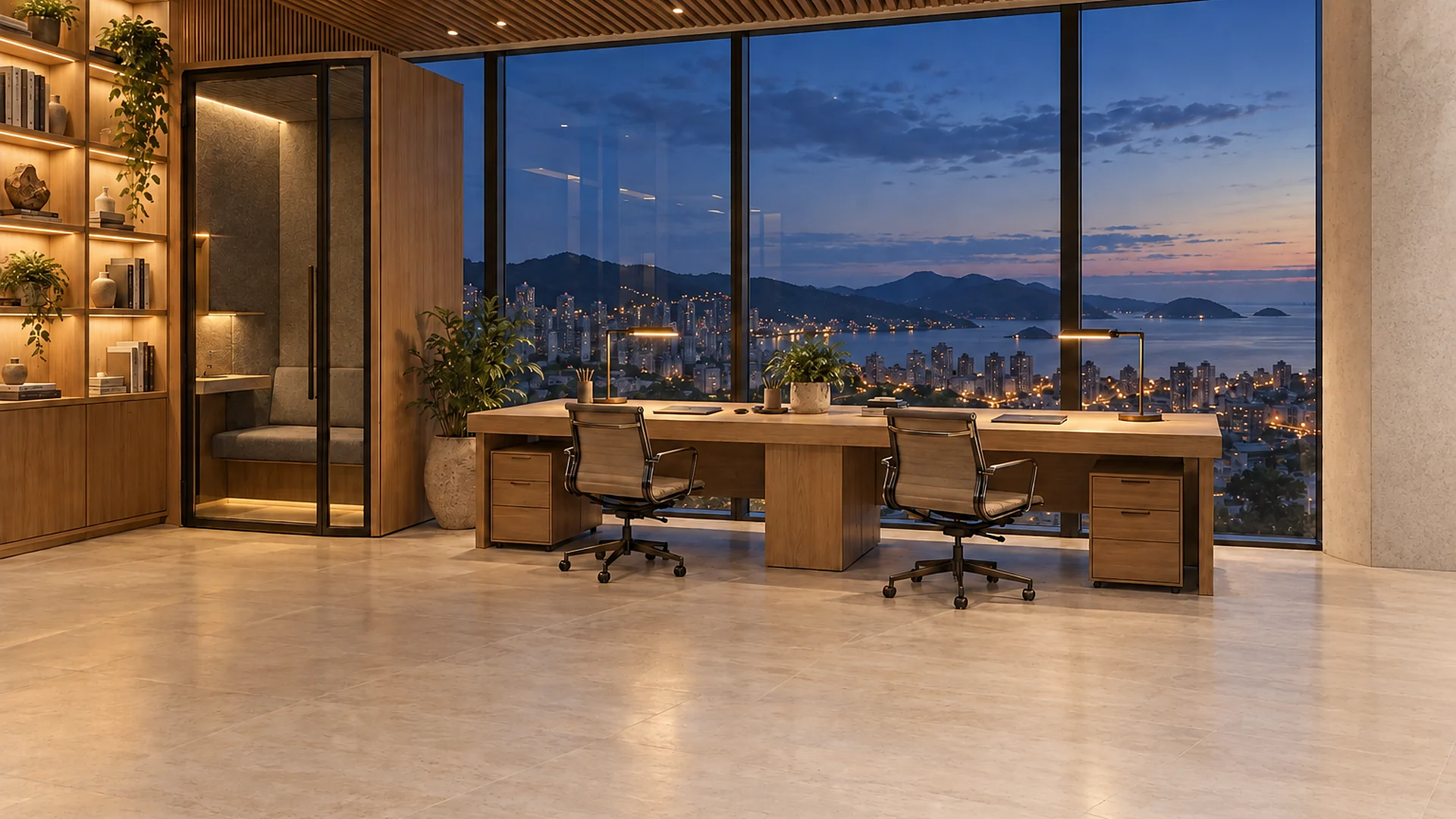Imagem ilustrativa: escritório corporativo com estações de trabalho e vista da cidade ao crepúsculo