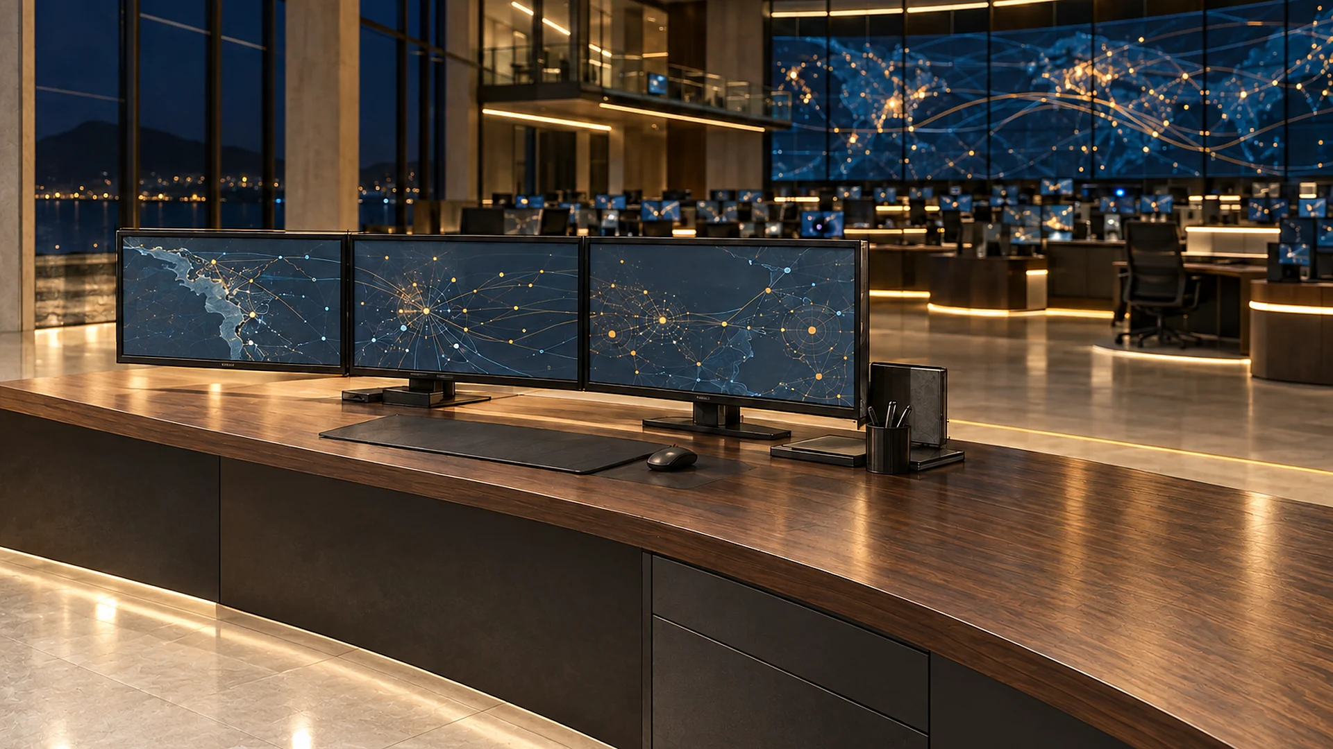 Imagem ilustrativa: console vazio de um centro de operações de rede, à noite